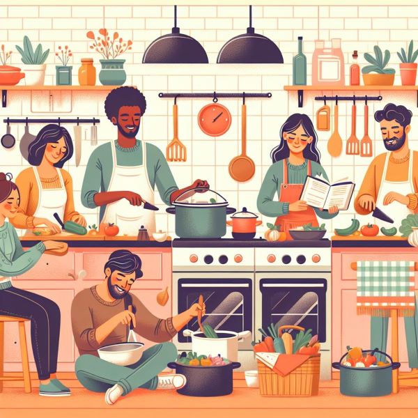 People gathered in kitchen cooking