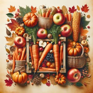 Collage of carrots and apples in an autumn theme